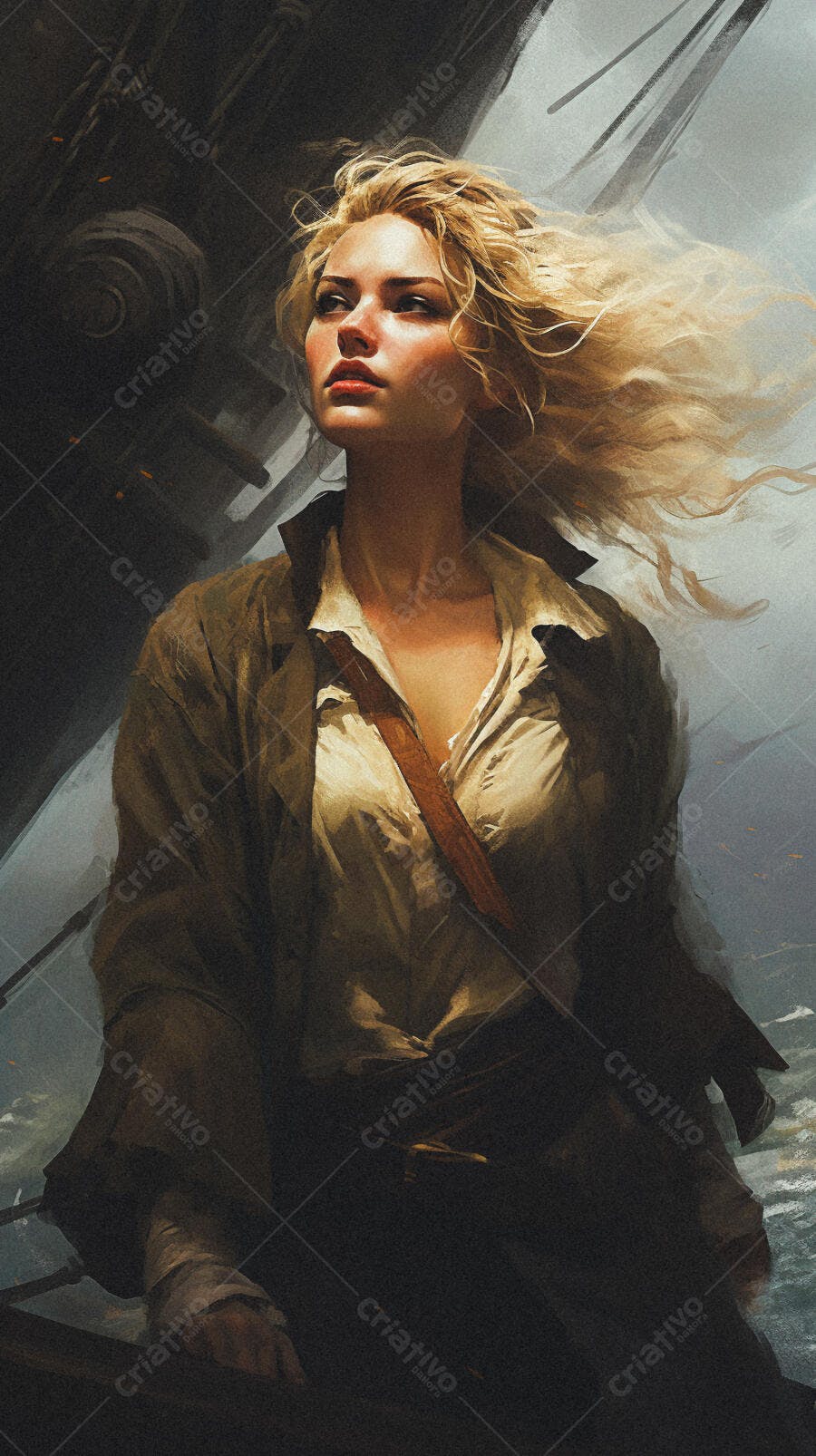 Mulher loira em navio tempestade
