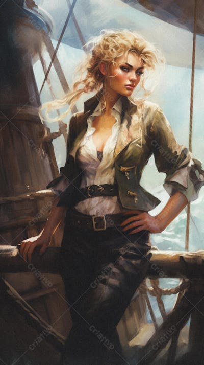 Mulher Pirata Destemida Navegando em Alto-Mar