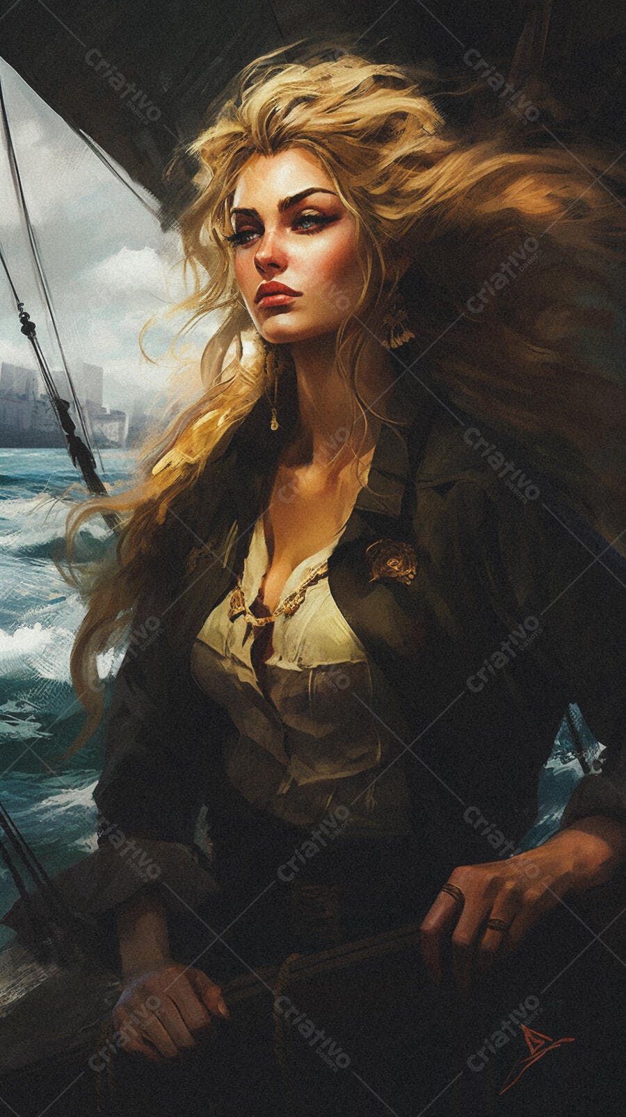 Mulher loira em navio no mar
