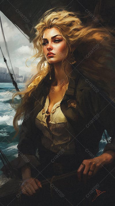 Mulher Pirata Destemida Navegando em Alto-Mar