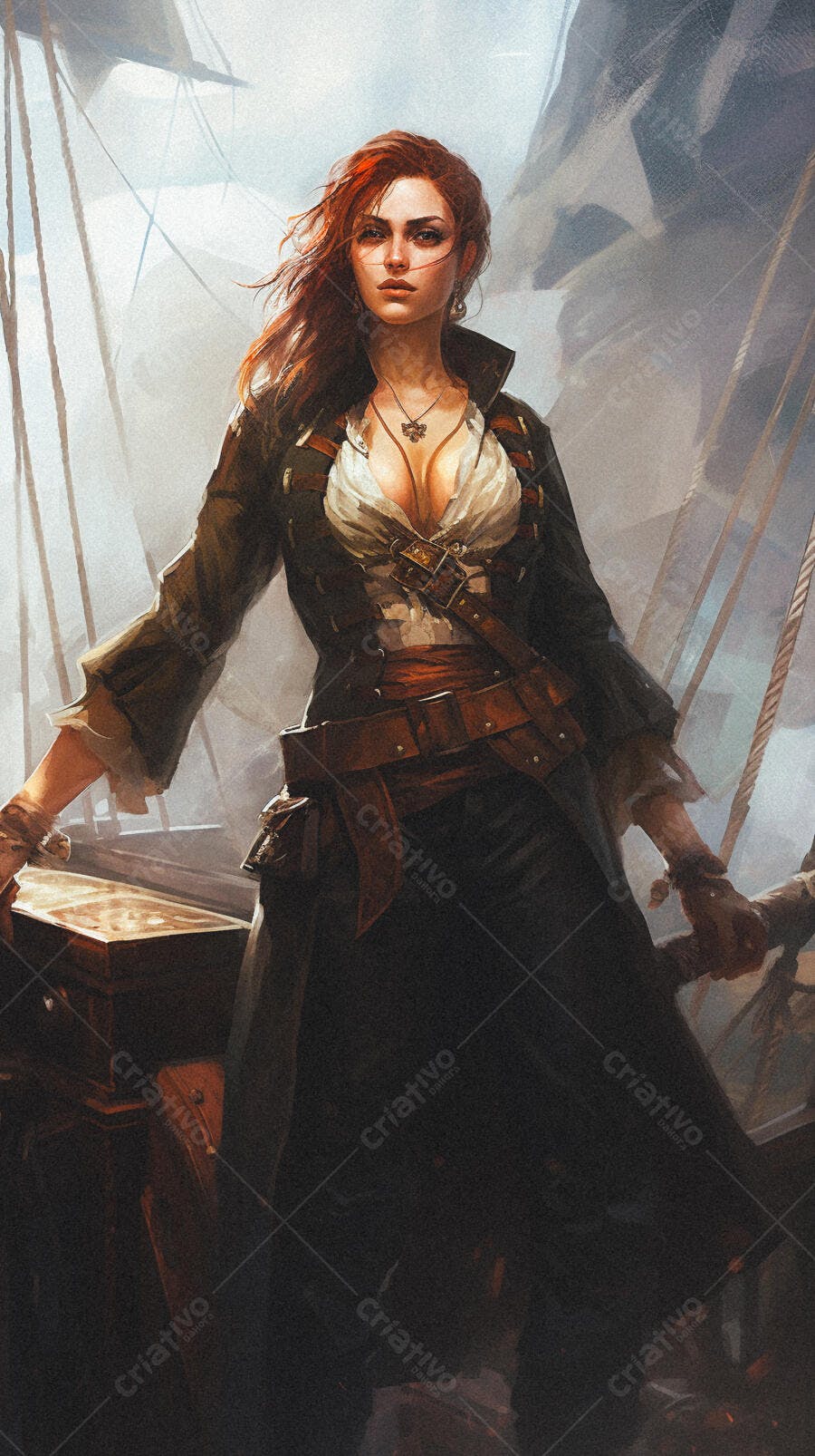 Pirata feminina no navio marrom e verde