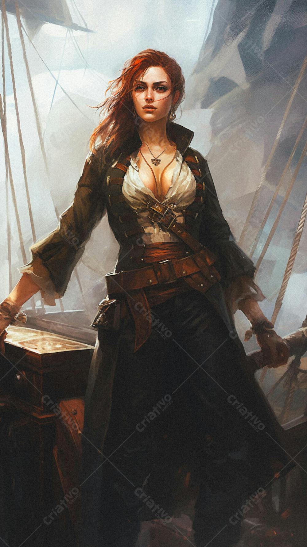 Mulher Pirata Destemida Navegando em Alto-Mar
