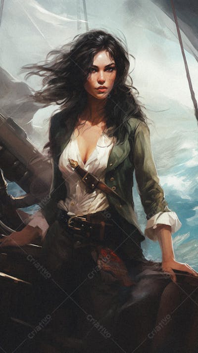 Mulher Pirata Destemida Navegando em Alto-Mar