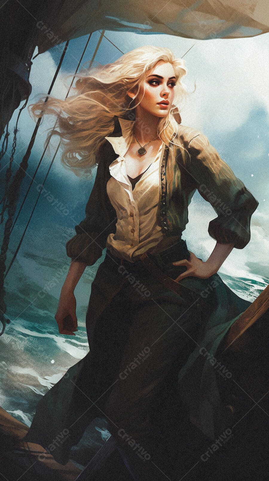 Mulher loira em navio antigo no mar