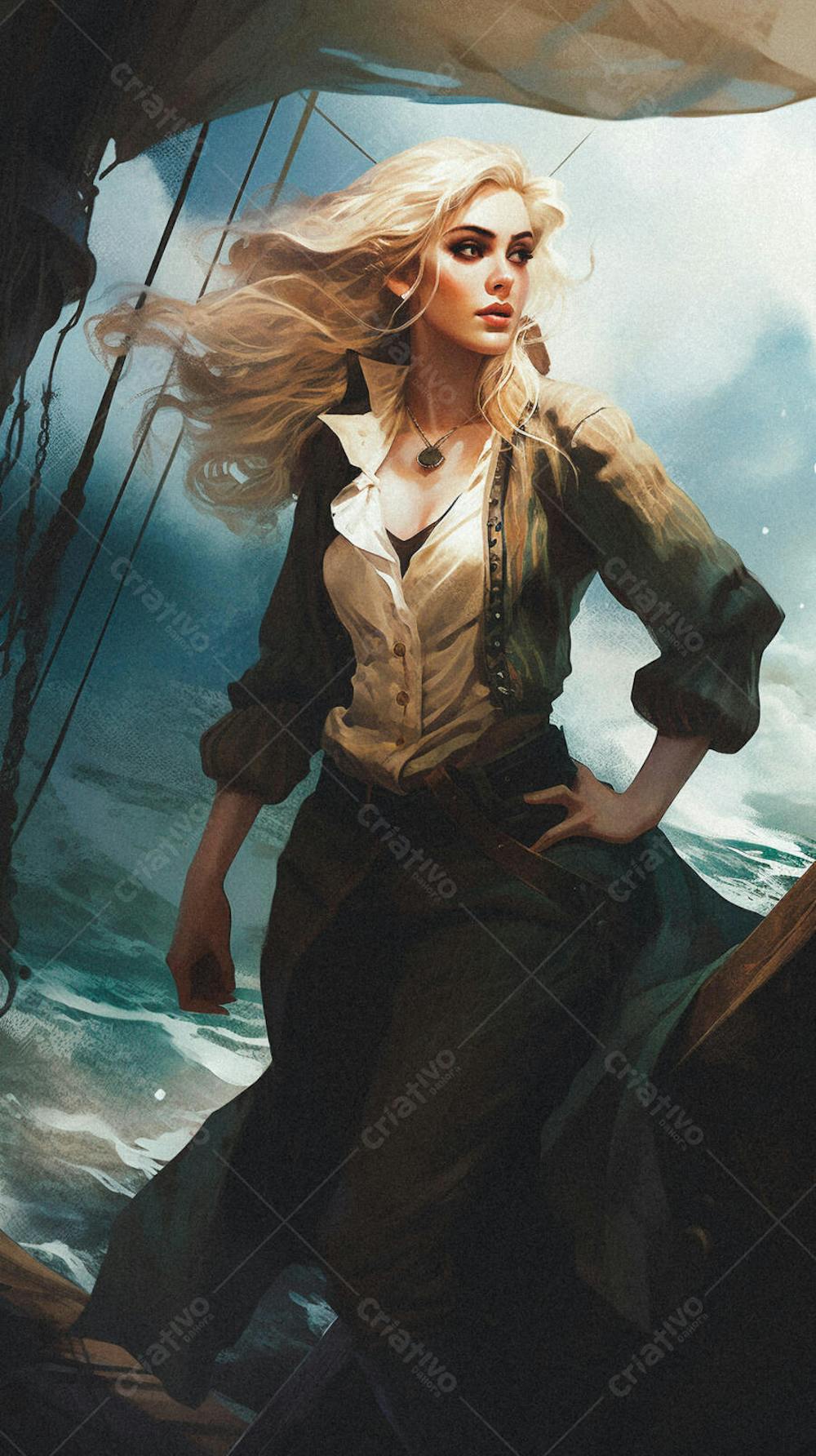 Mulher Pirata Destemida Navegando em Alto-Mar