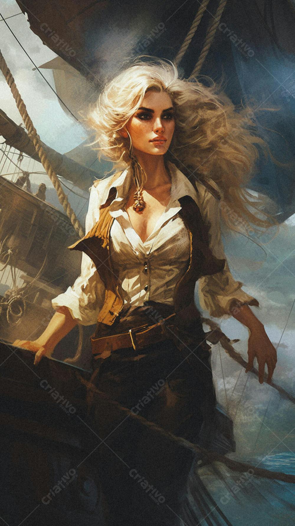 Mulher Pirata Destemida Navegando em Alto-Mar