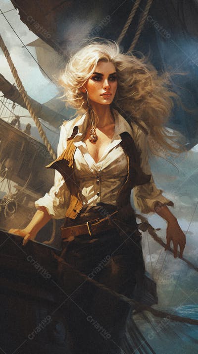 Mulher Pirata Destemida Navegando em Alto-Mar