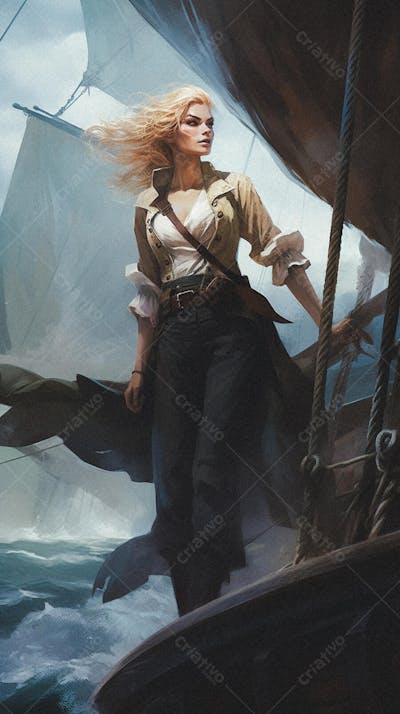 Mulher Pirata Destemida Navegando em Alto-Mar