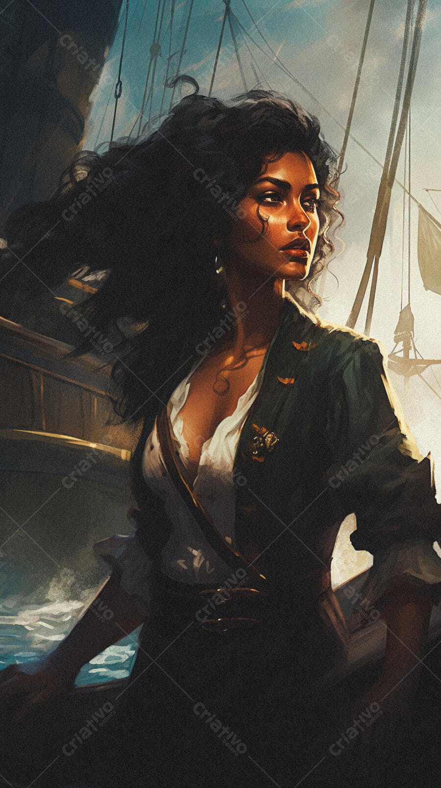 Pirata mulher em navio antigo ao mar