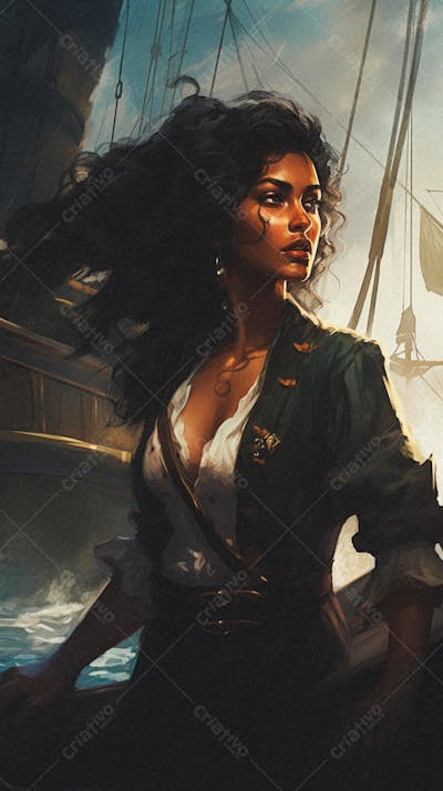 Mulher Pirata Destemida Navegando em Alto-Mar