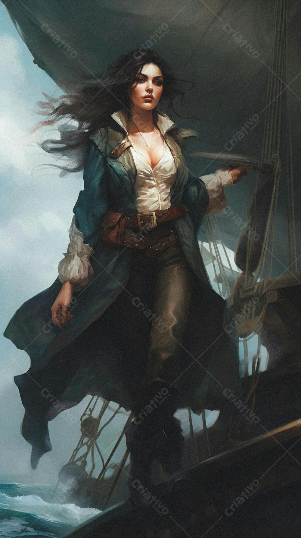 Mulher Pirata Destemida Navegando em Alto-Mar