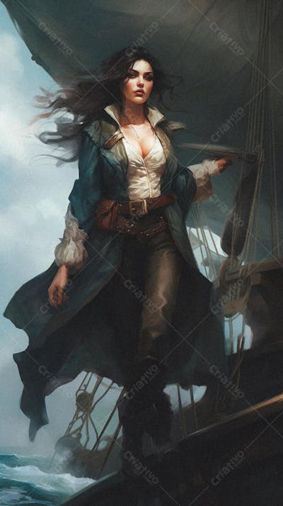 Mulher Pirata Destemida Navegando em Alto-Mar