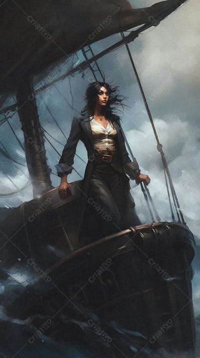 Mulher Pirata Destemida Navegando em Alto-Mar
