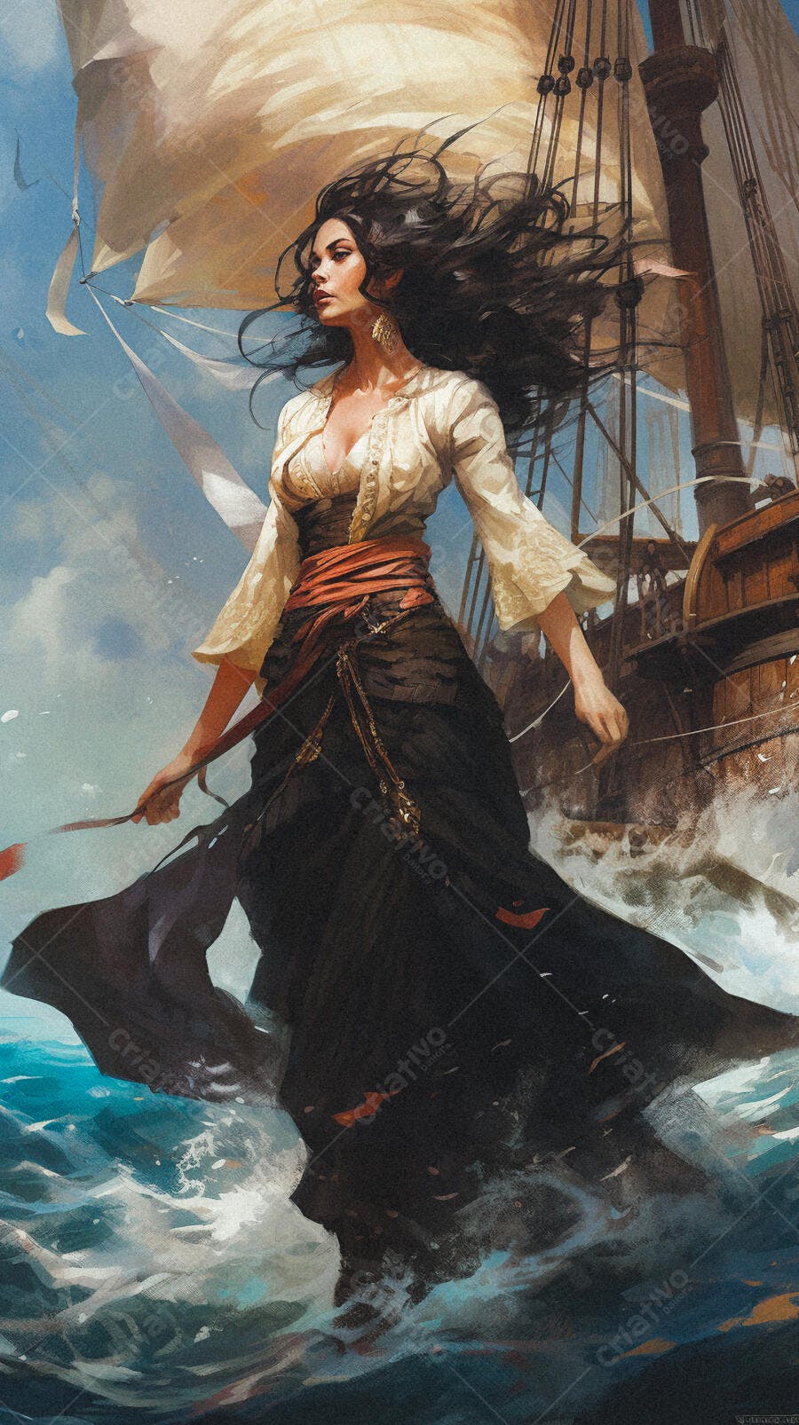 Mulher pirata em navio antigo no mar
