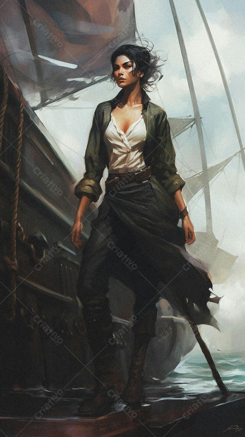 Mulher Pirata Destemida Navegando em Alto-Mar