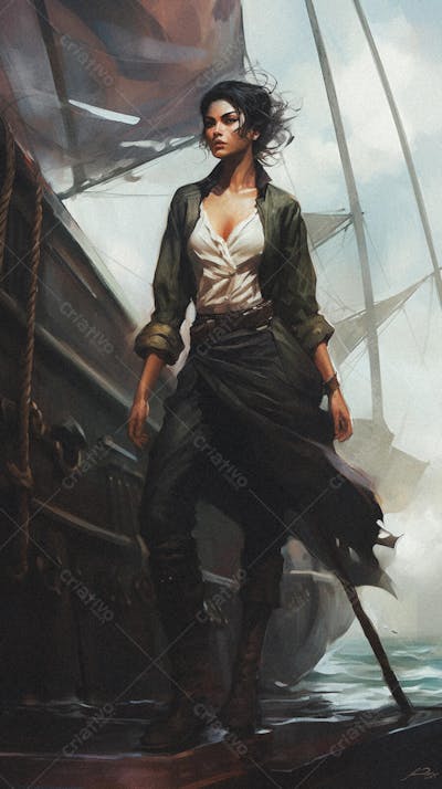 Mulher Pirata Destemida Navegando em Alto-Mar