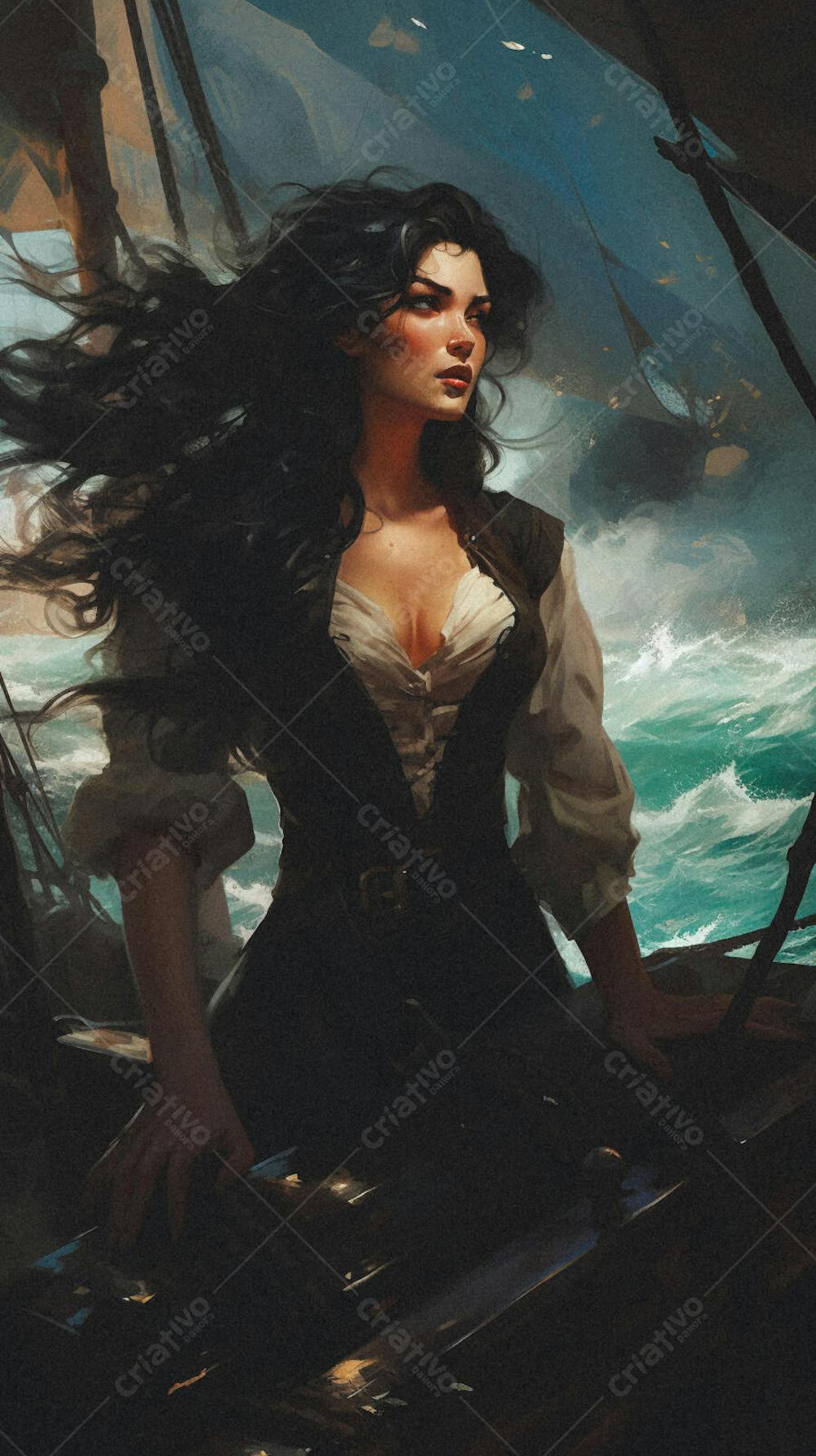 Mulher Pirata Destemida Navegando em Alto-Mar