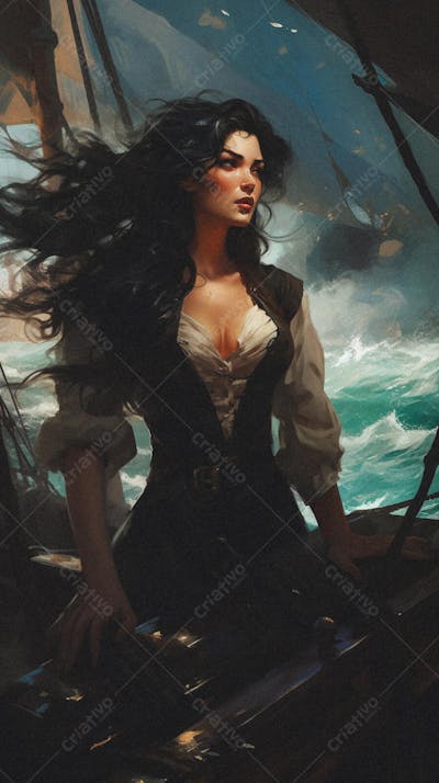 Mulher Pirata Destemida Navegando em Alto-Mar