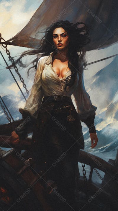 Mulher Pirata Destemida Navegando em Alto-Mar