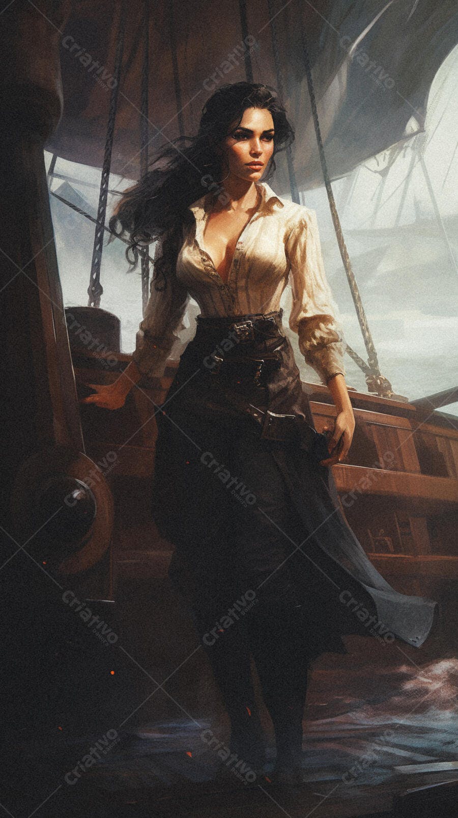 Mulher pirata em navio antigo