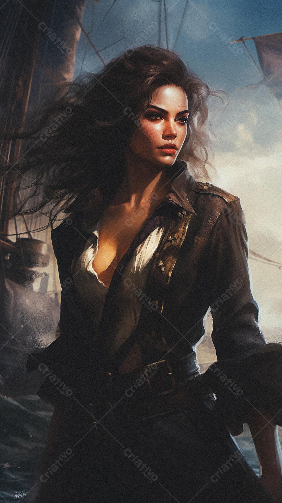 Mulher pirata no mar em tons escuros