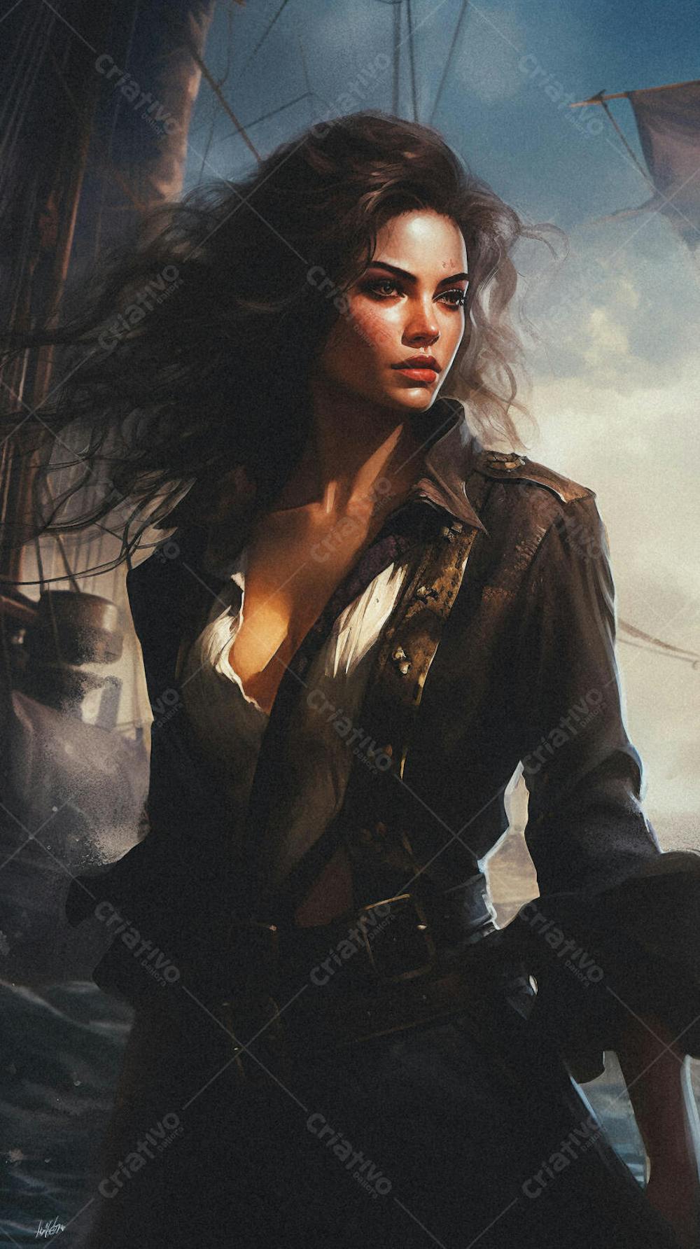 Mulher Pirata Destemida Navegando em Alto-Mar