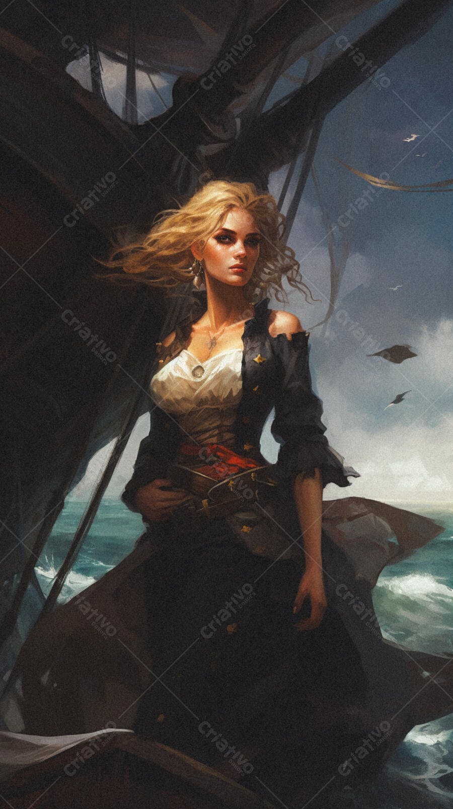 Pirata feminina loira em navio no mar