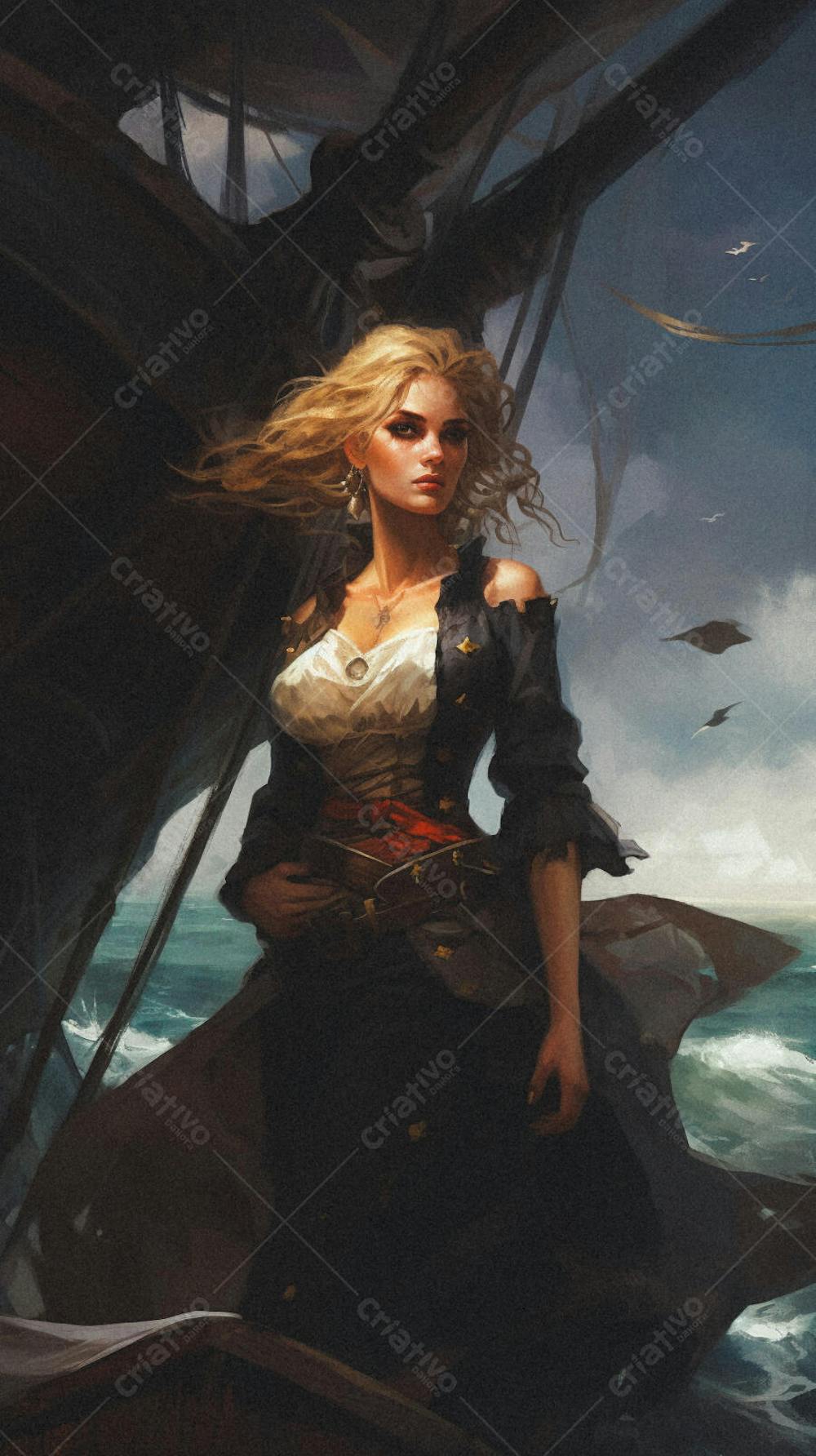 Mulher Pirata Destemida Navegando em Alto-Mar
