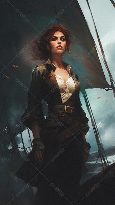 Mulher Pirata Destemida Navegando em Alto-Mar