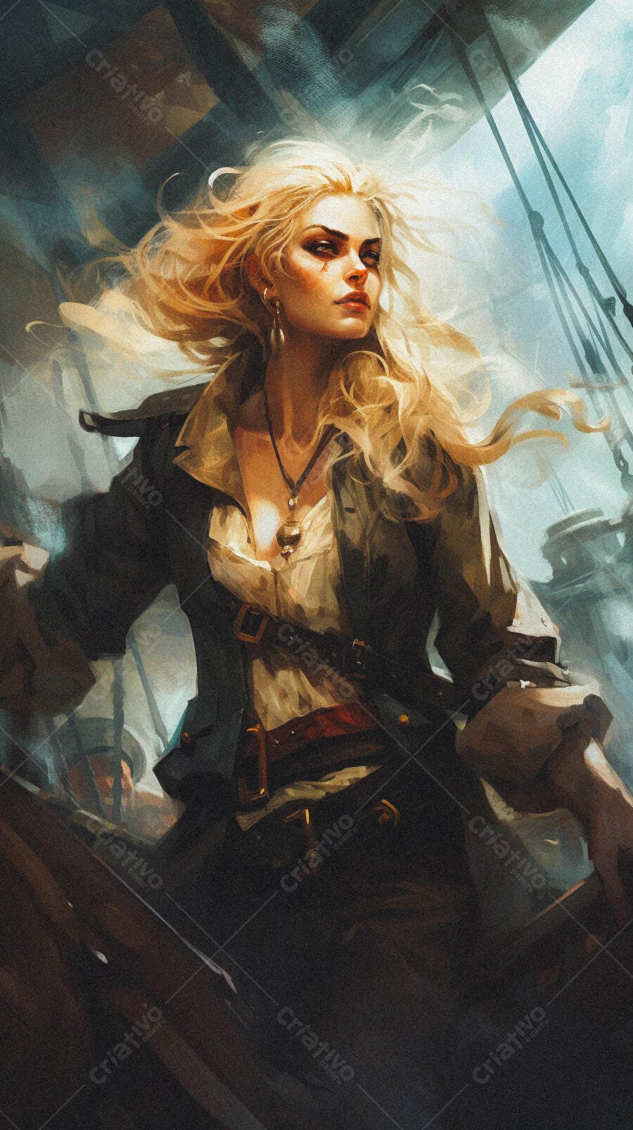 Pirata loira em navio antigo