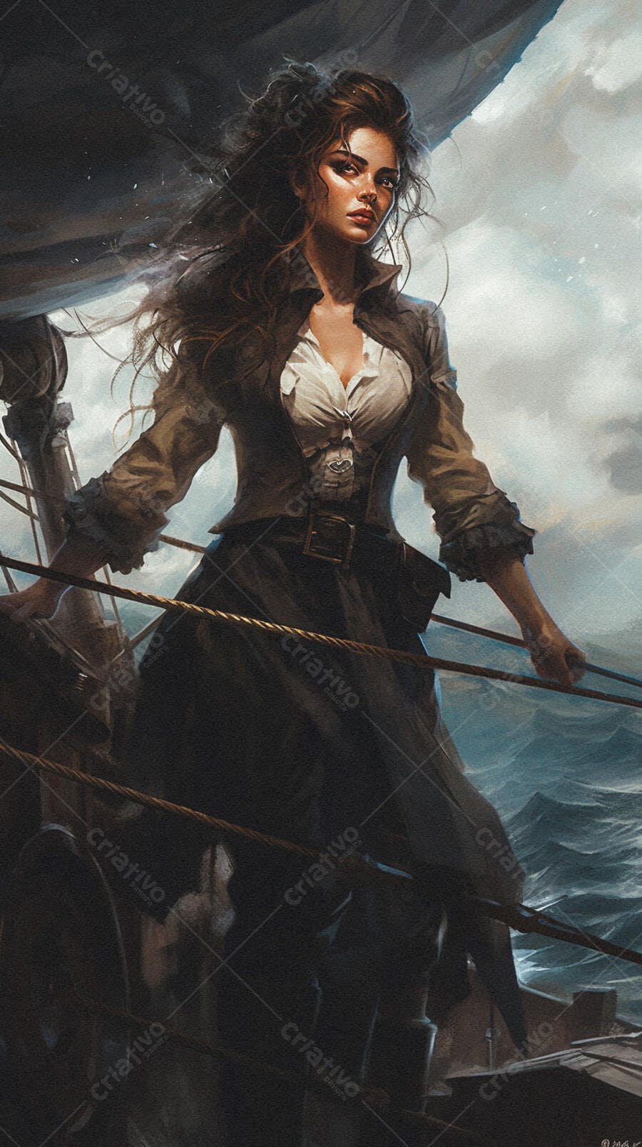 Pirata feminina em navio tempestade