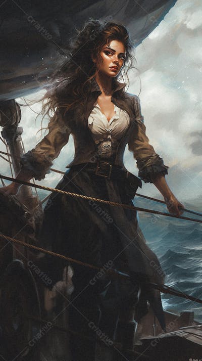 Mulher Pirata Destemida Navegando em Alto-Mar