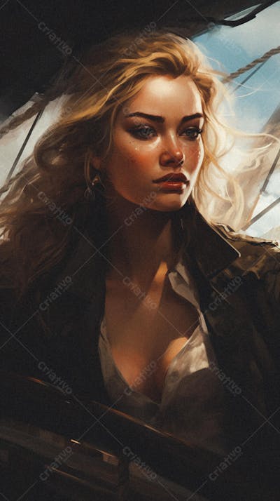 Mulher Pirata Destemida Navegando em Alto-Mar