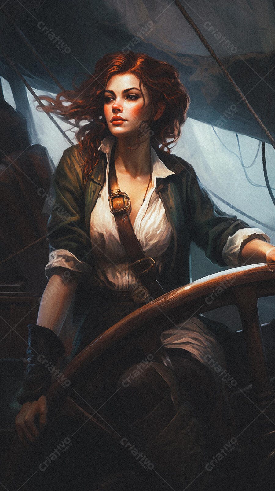 Capitã ruiva ao leme de navio antigo