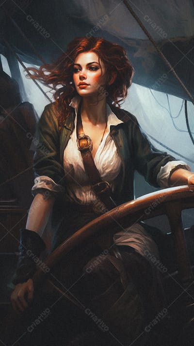 Mulher Pirata Destemida Navegando em Alto-Mar