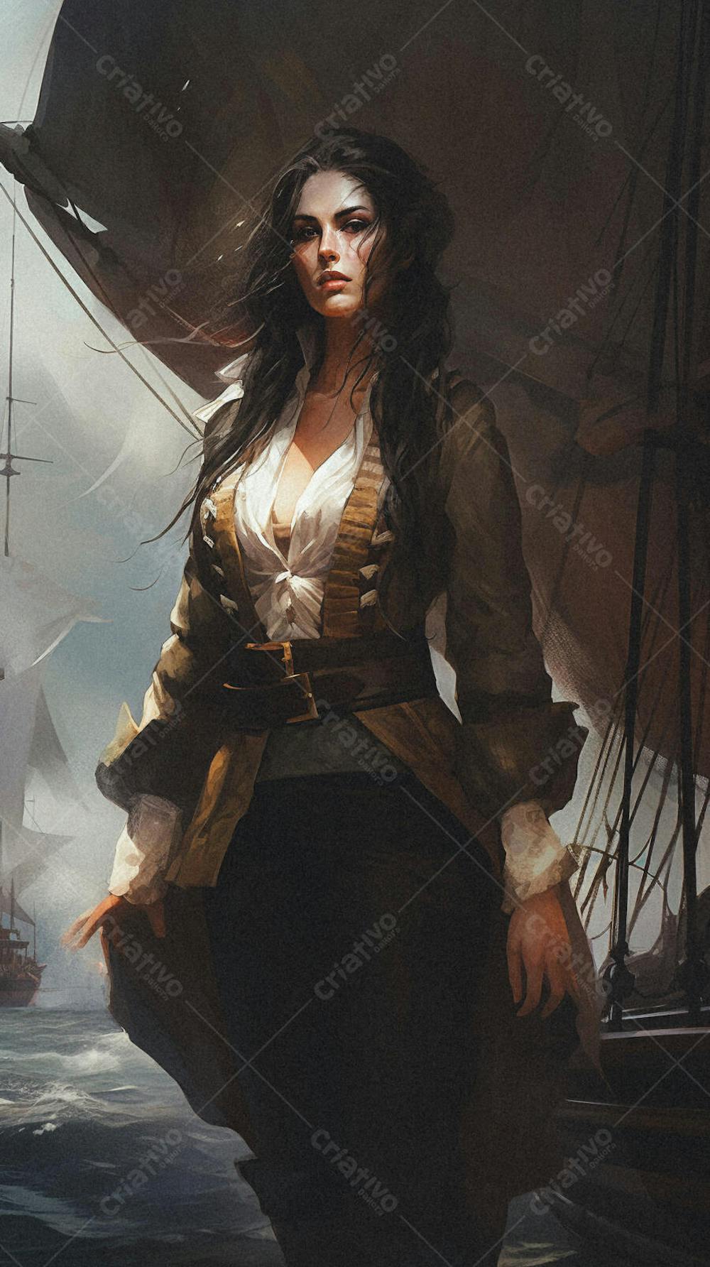 Mulher Pirata Destemida Navegando em Alto-Mar
