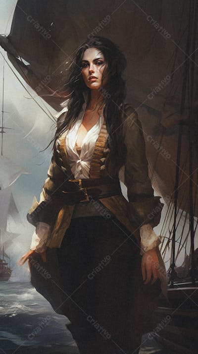 Mulher Pirata Destemida Navegando em Alto-Mar