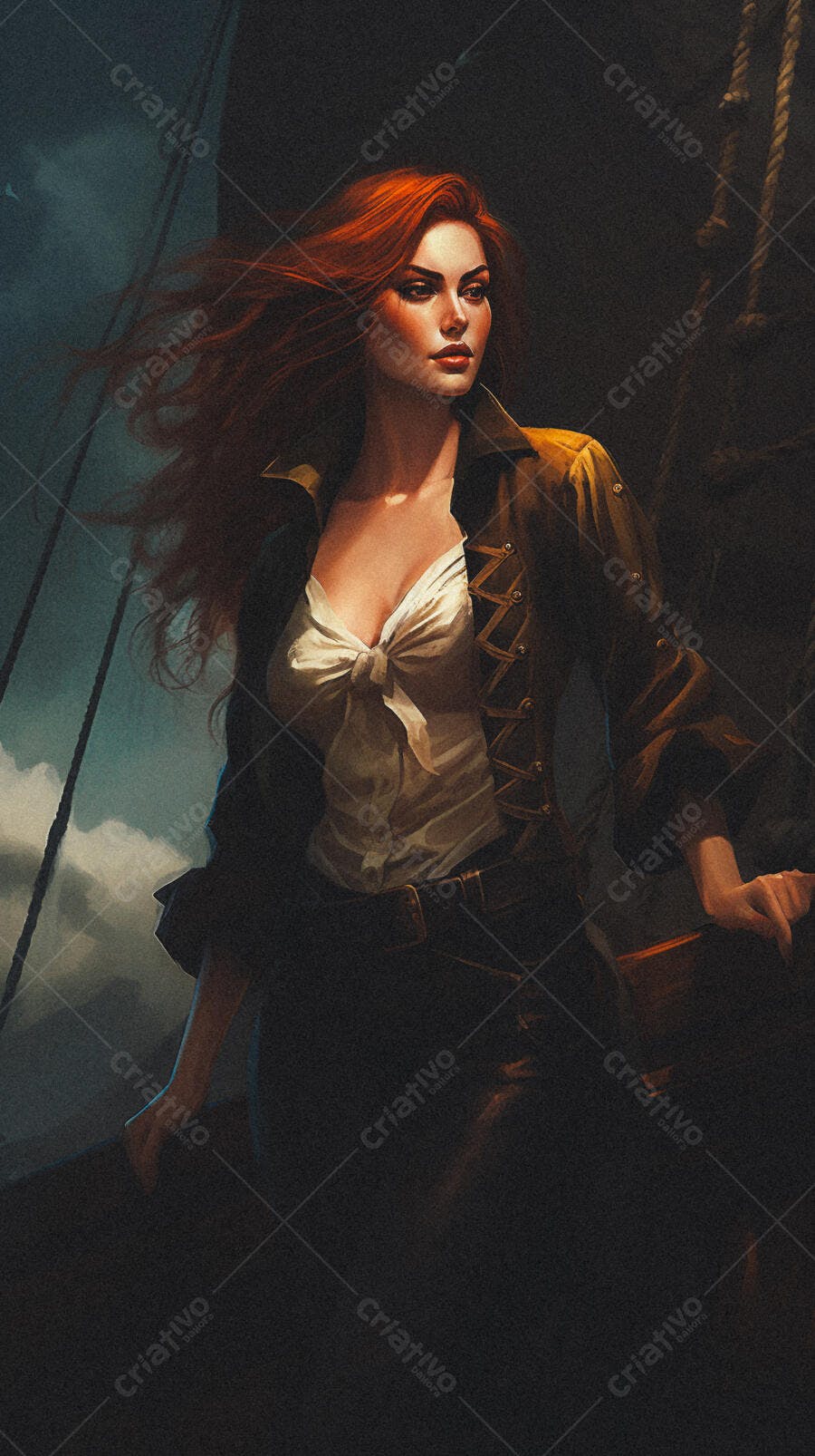 Mulher ruiva em navio antigo