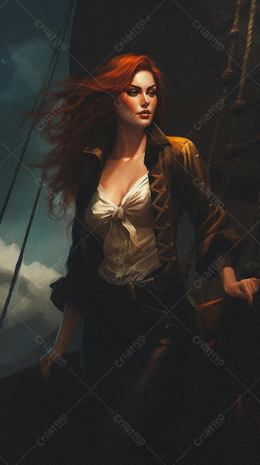 Mulher Pirata Destemida Navegando em Alto-Mar