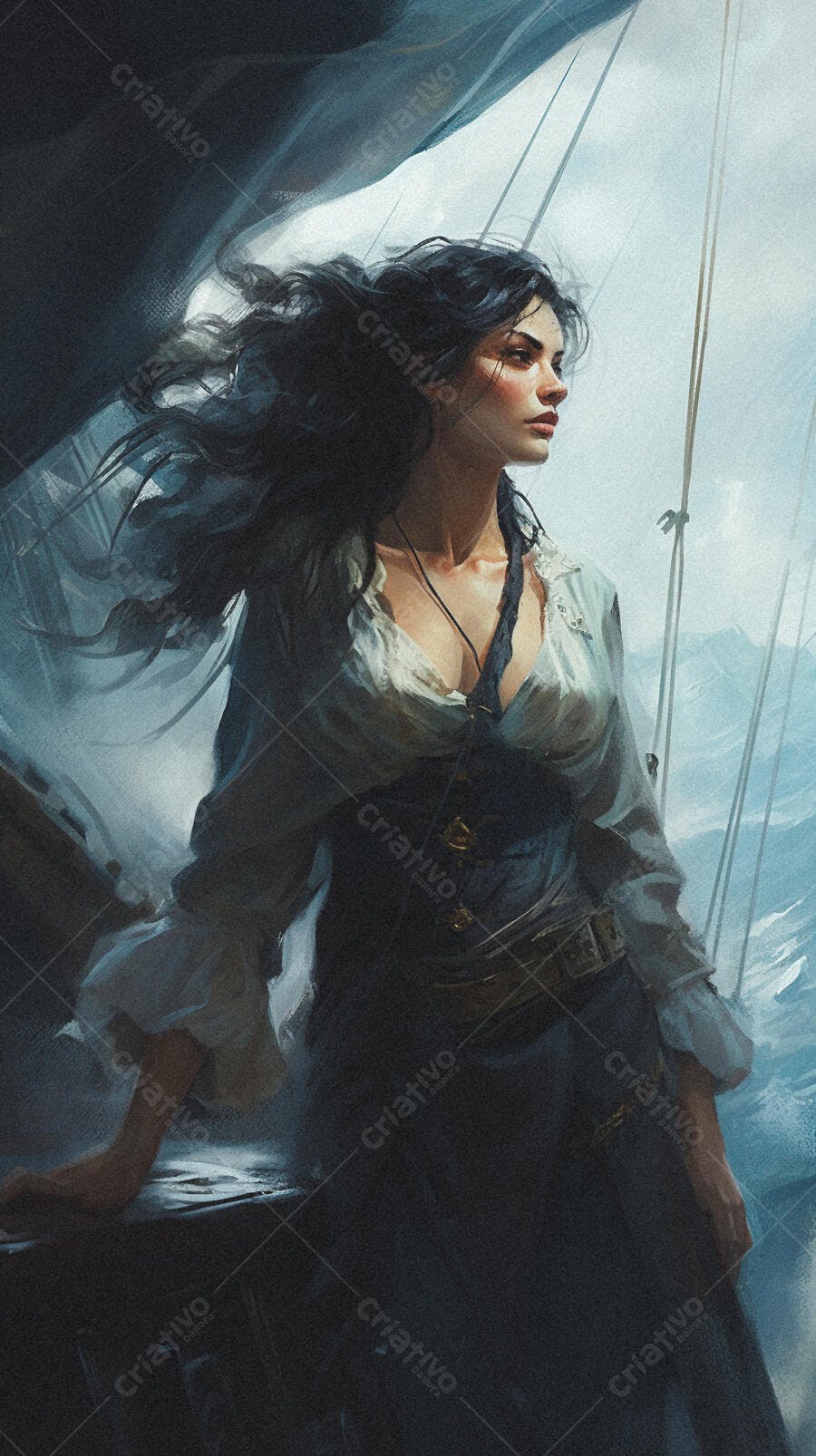 Mulher pirata no mar azul