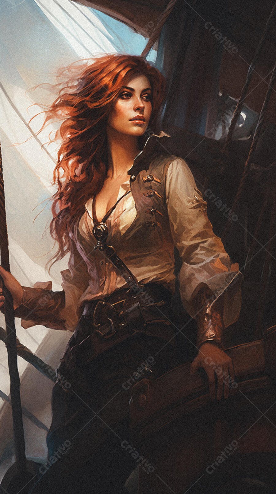 Mulher ruiva em navio antigo
