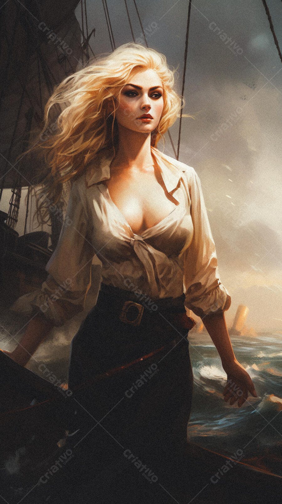 Pirata feminina loira no mar ao entardecer