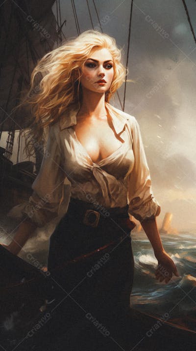 Mulher Pirata Destemida Navegando em Alto-Mar