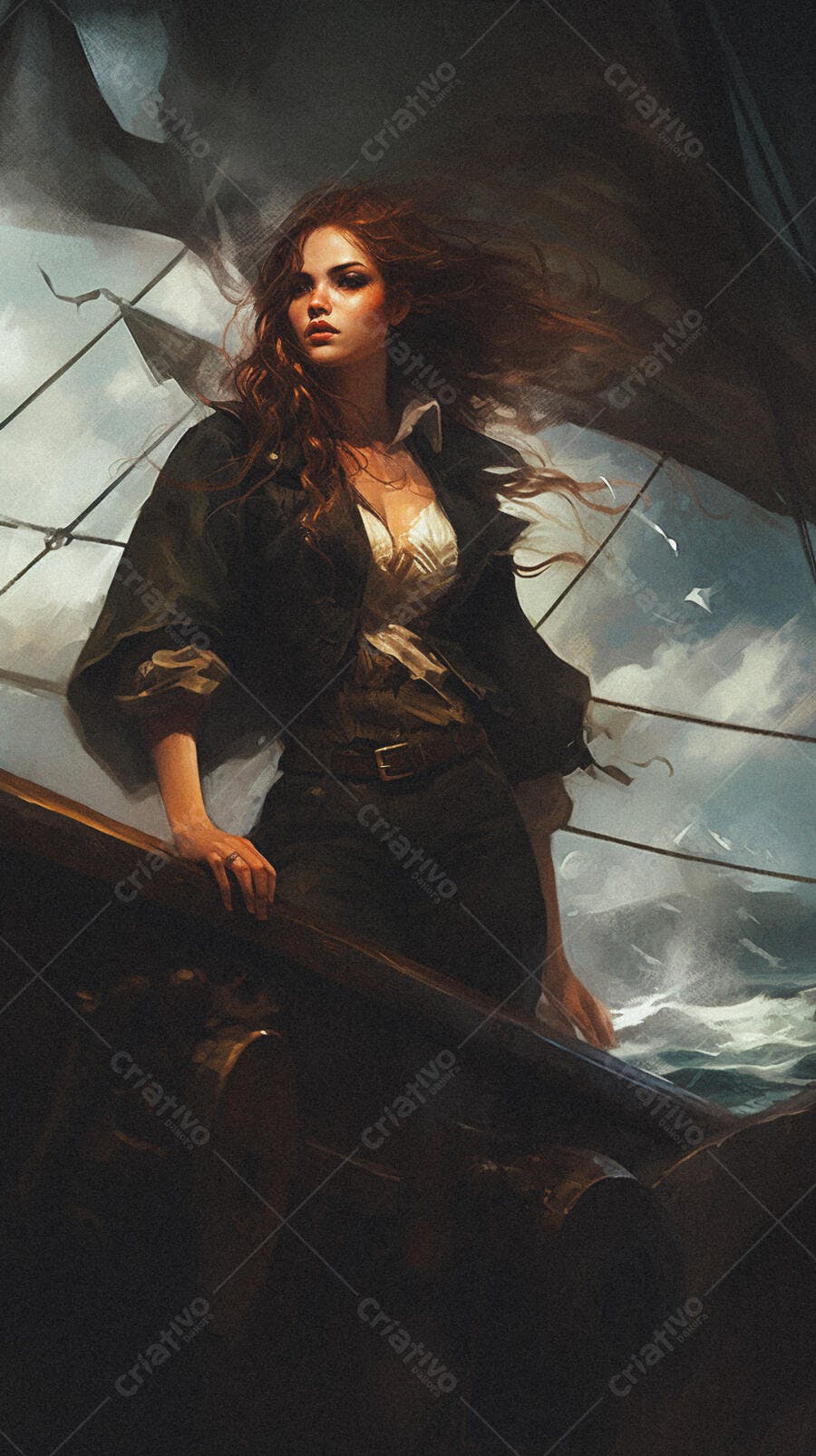 Mulher pirata em navio tempestade