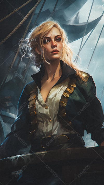 Mulher Pirata Destemida Navegando em Alto-Mar