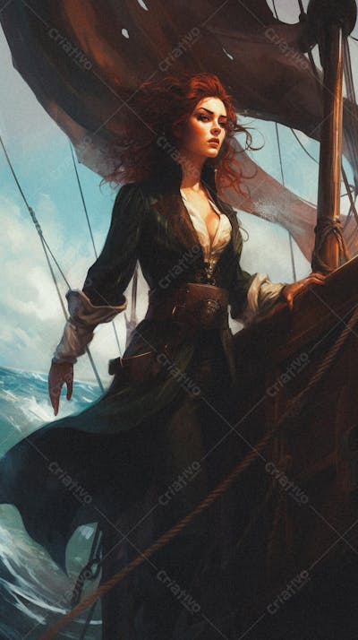 Mulher Pirata Destemida Navegando em Alto-Mar