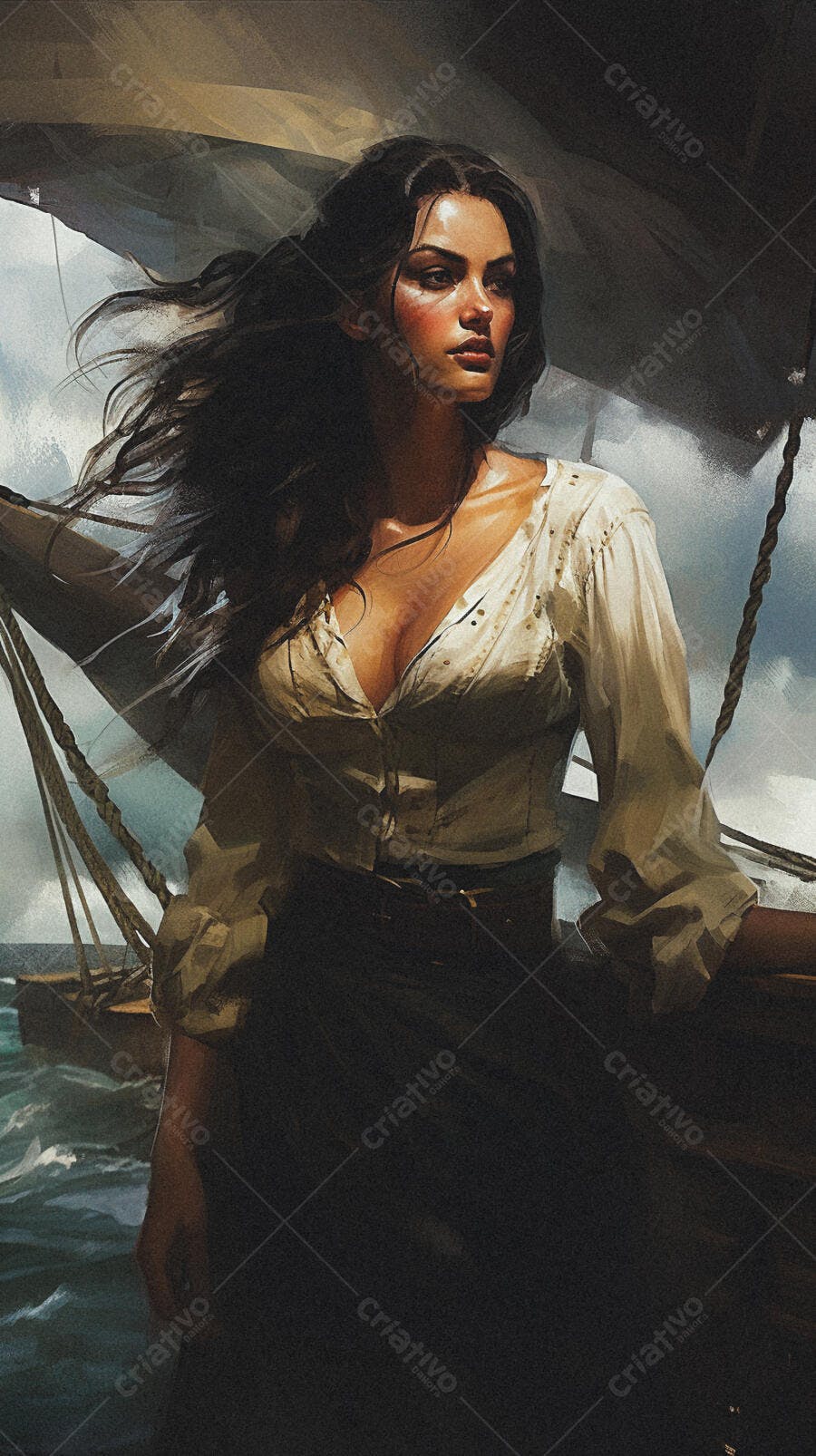 Mulher pirata em alto mar ventoso