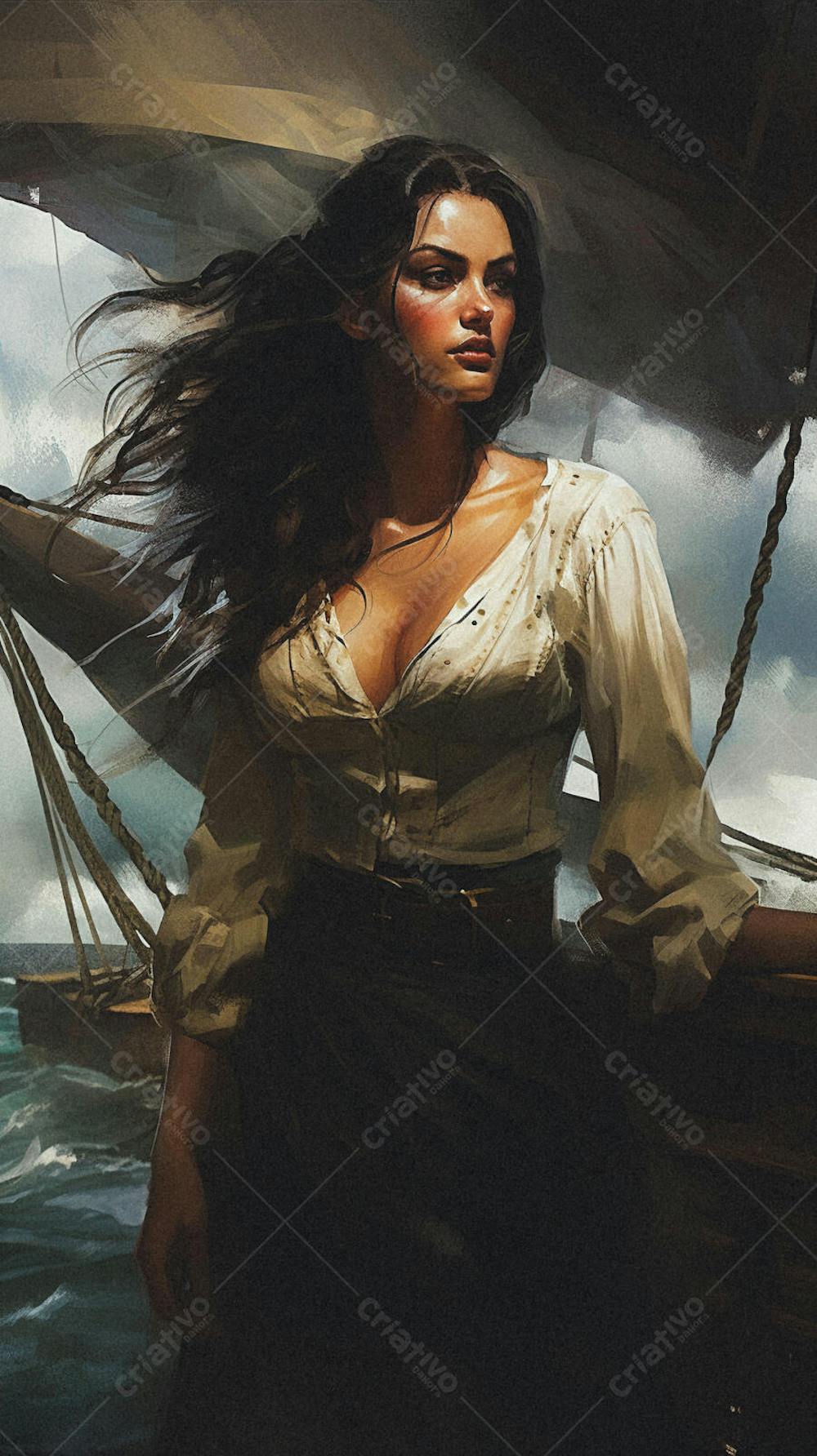 Mulher Pirata Destemida Navegando em Alto-Mar
