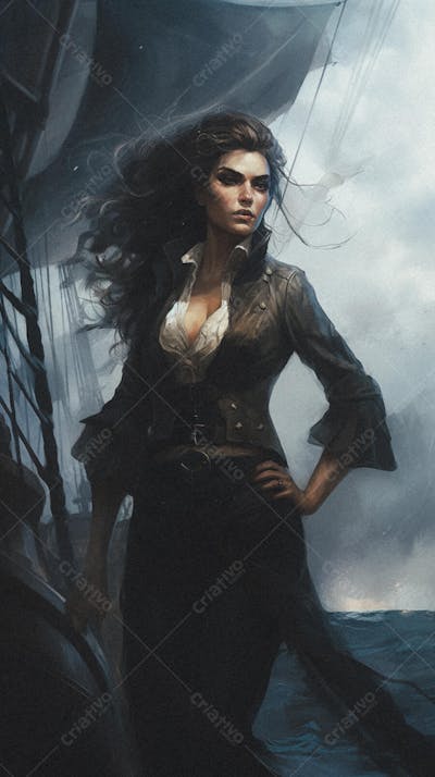 Mulher Pirata Destemida Navegando em Alto-Mar