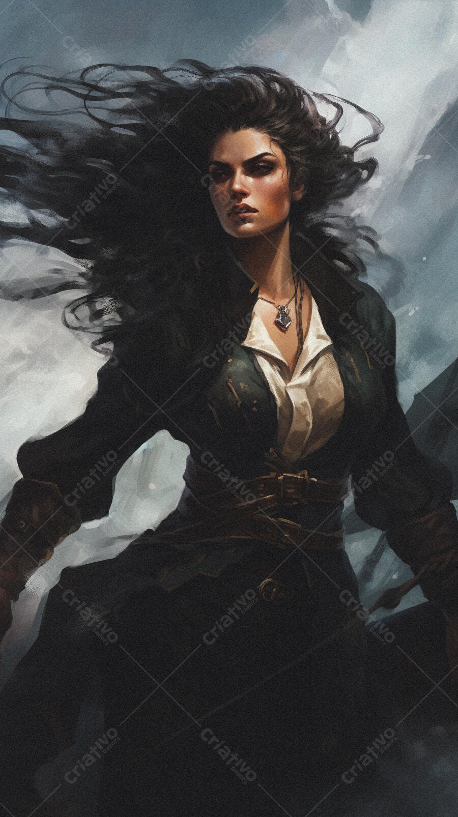 Mulher pirata cabelos ao vento
